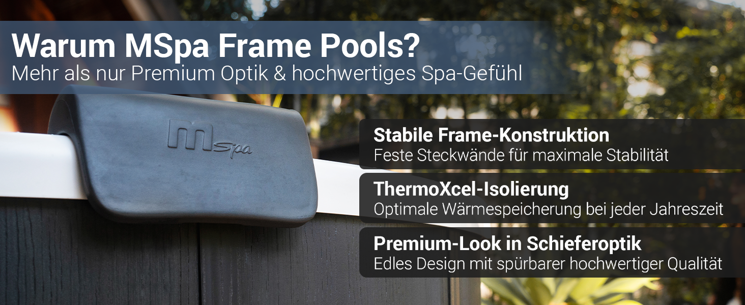 Detailaufnahme des MSpa Frame Denver Whirlpools mit hochwertiger Schieferoptik und stabilem Rahmen. Hervorgehoben werden die robuste Frame-Konstruktion f&uuml;r maximale Stabilit&auml;t, die ThermoXcel-Isolierung zur effizienten W&auml;rmespeicherung sowie das elegante Premium-Design f&uuml;r den ganzj&auml;hrigen Einsatz.